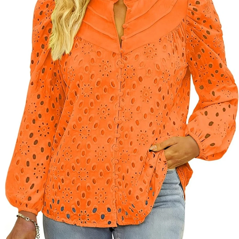 Orange Eyelet Button-Up Blouse - Picture 2 of 4